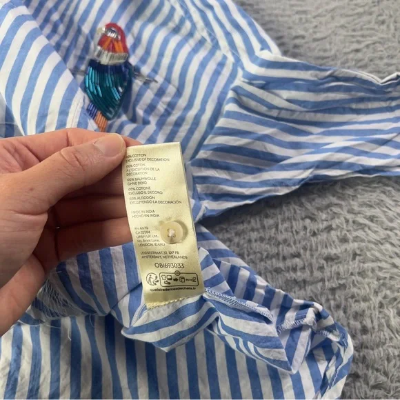 Maeve Parrot Button Down Shirt Womens XS / S Blue White Striped Sequin Oversized - Picture 9 of 9
